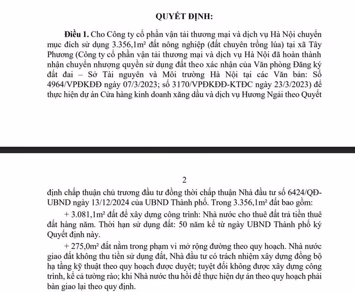 Chi tiết quyết định giao đất cho Công ty CP Vận tải thương mại và Dịch vụ Hà Nội thực hiện dự án cây xăng.