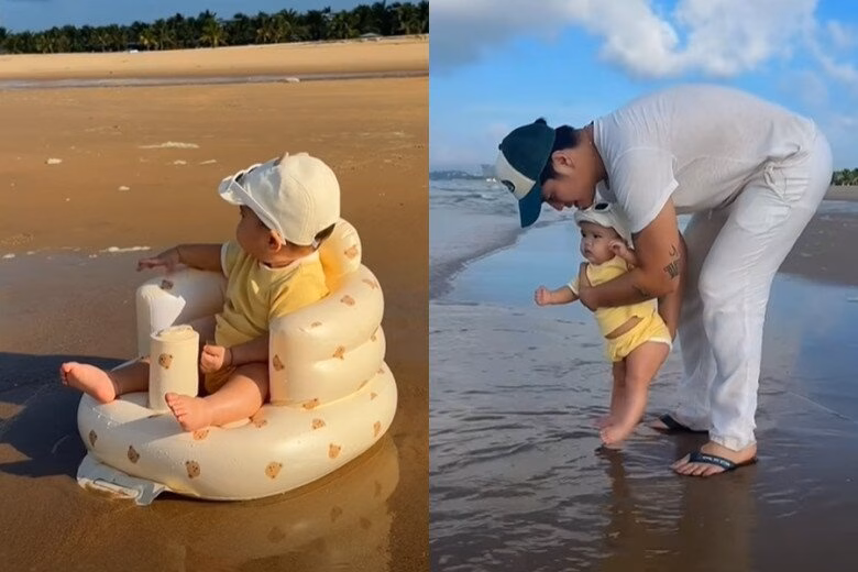 Sự dạn dĩ của bé Gạo trước biển cả khiến nhiều người hâm mộ xuýt xoa.